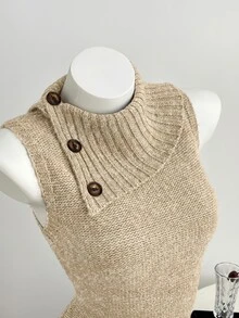 Elamini Women's Casual Versatile Design Collar Vintage Commute Daily Wear Autumn/Winter Slim Fit Sweater Vest - Khaki - View 4