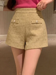 DAZY 女款高腰鈕扣設計優雅短褲 - 卡其色 - 查看 2