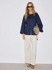 ATUI Studio Áo sơ mi denim tay dài cài nút phong cách đường phố thời trang nữ - Rửa tối - Xem 7