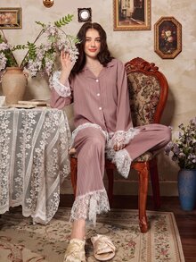 Côtesoire Set Piyama Wanita Motif Renda Patchwork Romantis Elegan Prancis - Plum Brown - View 6
