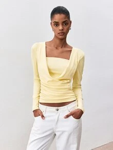 ATUI Studio Women's Korean Style Pleated Long Sleeve T-Shirt For Daily Wear - Yellow - View 7