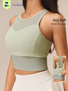 OutZeal Women Sports Bra Hiking Gym Yoga Buttery Soft Bra-In Removable Pads Mesh Panel Active Top - Green - View 1