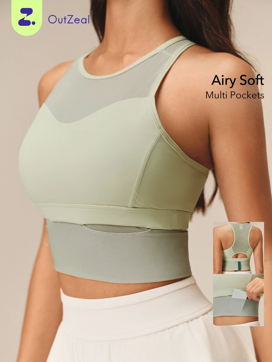 OutZeal Women Sports Bra Hiking Gym Yoga Buttery Soft Bra-In Removable Pads Mesh Panel Active Top - Green - View 1