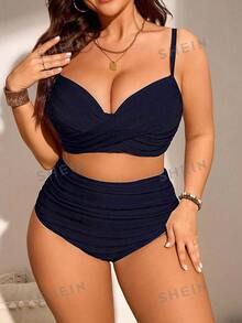 SHEIN Swim Curve 大尺碼女款兩件式純色聚攏胸部時尚極簡分體泳衣度假套裝 - 藏蓝色 - 查看 4