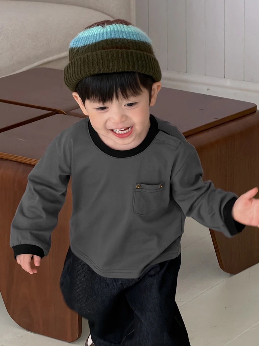 DAZY Infant (Boy) Round Neck Solid Color Spring/Autumn Top - Dark Grey - View 1