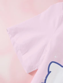 HELLO KITTY AND FRIENDS | SHEIN تي شيرت كاجوال يومي بأكمام قصيرة للبنات المراهقات بطبعة كرتونية وحروف - أبيض - مشاهدة 4