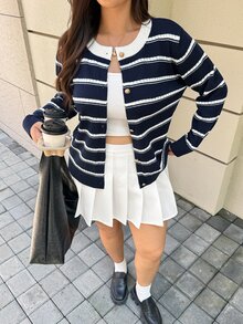 Easura Plus Size Striped Crew Neck Colorblock Knit Sweater - Navy Blue - View 4
