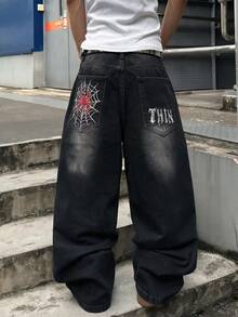 Manfinity EMRG 男士蜘蛛與哥德字母印花寬鬆寬腿牛仔褲，Y2K嘻哈街頭風丹寧長褲 - 黑色 - 查看 5