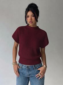 Aloruh Women's Casual Commuting Simple Solid Color Funnel Neck Batwing Sleeve Wide Hem Knit Top - Burgundy - View 4