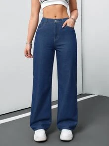 SHEIN Tall CURVE 大尺碼女款寬鬆寬腿休閒百搭牛仔褲，附口袋 - 中等水洗藍 - 查看 5
