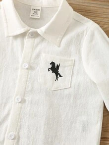 SHEIN Baby Boy Baby Girl Baby Boy White Shirt With Horse Pattern, Collared Long Sleeve Button-Up Top, Suitable For Back To School Season And Wedding Occasions - White - View 6