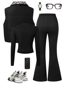 SHEIN 秋冬三件套 豹紋拉鍊背心修身長袖上衣高腰微喇運動褲 運動套裝 棕色黑色 - 黑色 - 查看 2