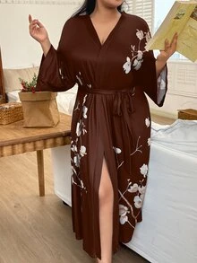 SHEIN 大尺碼優雅黑色花卉印花繫帶長款夏季睡袍，適用秋季、冬季 - 棕色 - 查看 1