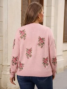 EMERY ROSE Plus Size Women's New Fashion Printed Thin Knit Cardigan, Casual Versatile Lightweight Jacket For Spring And Autumn - Pink - View 4