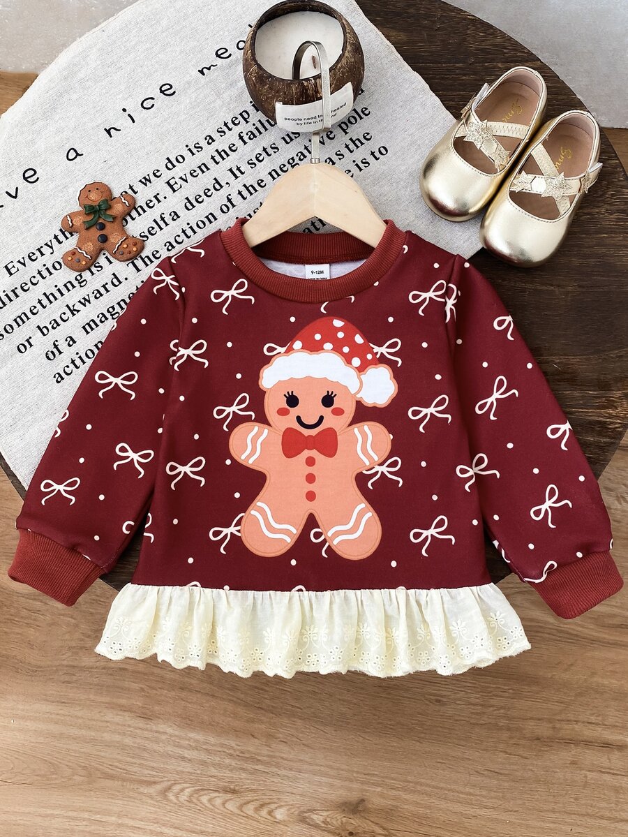 SHEIN Infant Girls Christmas Long Sleeve Top, Gingerbread Man & Bowknot Pattern Lace Ruffle Hem Blouse - Burgundy - View 1