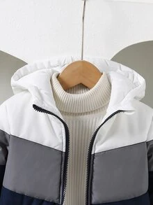 SHEIN 男童加厚外套，戶外風格，秋冬款，白色/灰色/藍色拼接，簡約時尚舒適 - 藍白色 - 查看 4
