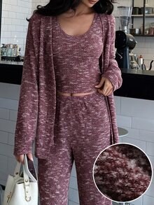 DAZY Women's Tie-Dye Long Sleeve Robe, Round Neck Tank Top And Pants Casual Pajama Set - Burgundy - View 1