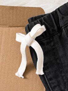SHEIN 兒童小男孩休閒基礎抽繩腰藍色牛仔寬鬆大廓形牛仔褲，秋冬款，男孩開學穿搭，幼兒牛仔褲，冬季牛仔褲 - 黑色 - 查看 4