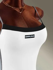 Amplova 女款字母印花拼色細肩帶運動連身褲 - 白色 - 查看 8