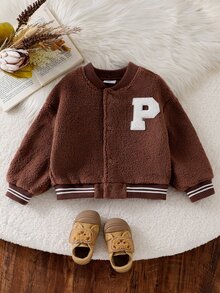 SHEIN 女童秋冬長袖抓絨棒球夾克，P字母刺繡，羅紋條紋袖口與下擺，按扣泰迪絨外套，休閒外衣，可愛時尚日常穿搭，適合女童外出與街頭風格 - 棕色 - 查看 4