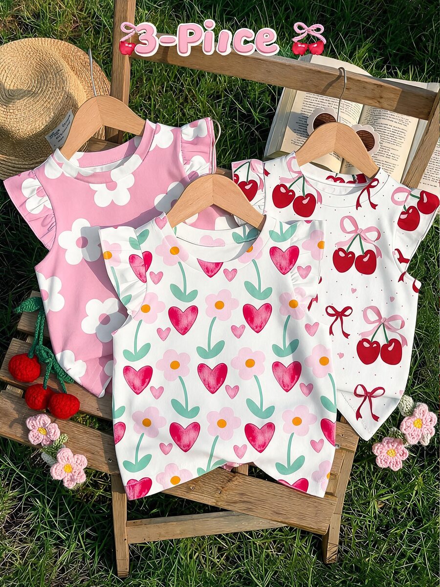 3pcs -Pack Baby Girls' Heart, Floral, And Cherry Print Crew-Neck Flutter-Sleeve Top - Multicolor - View 1