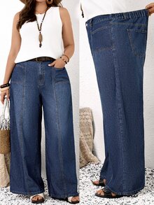 SHEIN MOD بنطلون جينز كاجوال للاستخدام اليومي للنساء بمقاسات كبيرة مع جيوب - أزرق داكن - مشاهدة 3