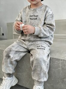 小男孩寬鬆運動休閒舒適長袖衛衣與長褲兩件套，適合秋冬，經典酷水泥灰圖案印花，經典文字「Just Trust Yourself」，適合街頭風、Y2K - 彩色 - 查看 1