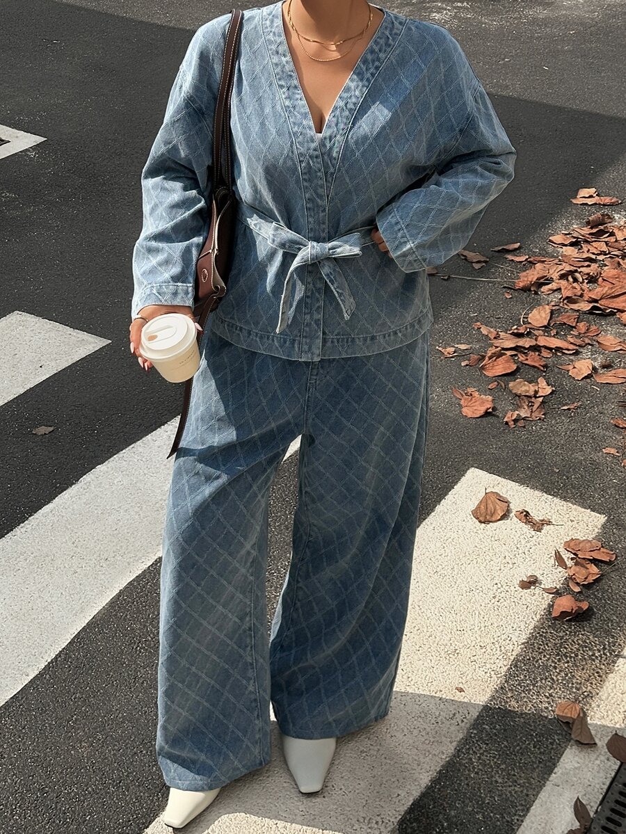 Dazy Plus V-Neck Long Sleeve Tie Waist Blue Diamond Quilted Denim Fabric Loose Wide Leg Pants Denim Set - Medium Wash - View 1