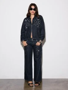 BAD SUNDAY Women's Autumn/Winter Metal Foil Print Loose Denim Jacket, Street Style, Y2K Versatile - Blue - View 6