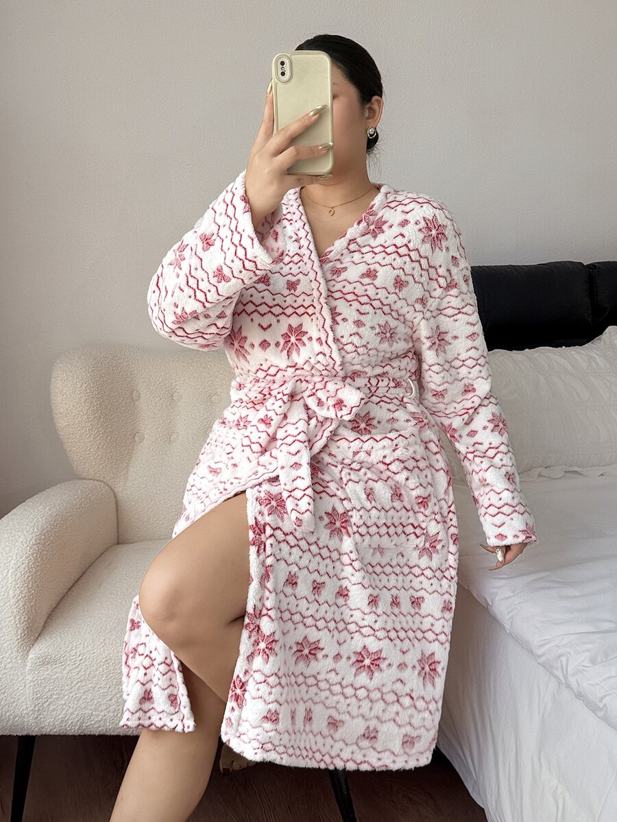 Napfluff CURVE Napfluff CURVE Christmas Fair Isle Snowflake Bow Pattern Plush Long Sleeve Drop Shoulder Pocket Plus Size Women's Robe - Multicolor - View 1