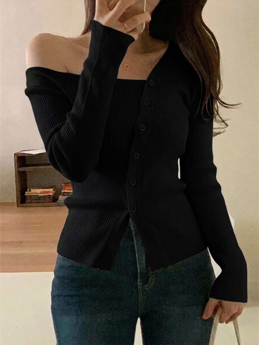 DAZY 女款素色不對稱肩休閒日常開襟衫 - 黑色 - 查看 1