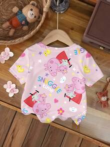 Peppa Pig X SHEIN Baby Girl Letter Cartoon Print Round Neck Short Sleeve Casual T-Shirt - White - View 2