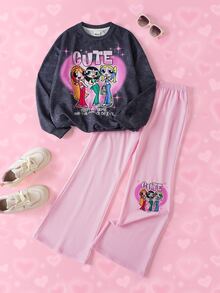 THE POWERPUFF GIRLS X SHEIN Tween Girl Letter Cartoon Graphic Long Sleeve Sweatshirt And Sweatpants Casual Everyday Set - Multicolor - View 1