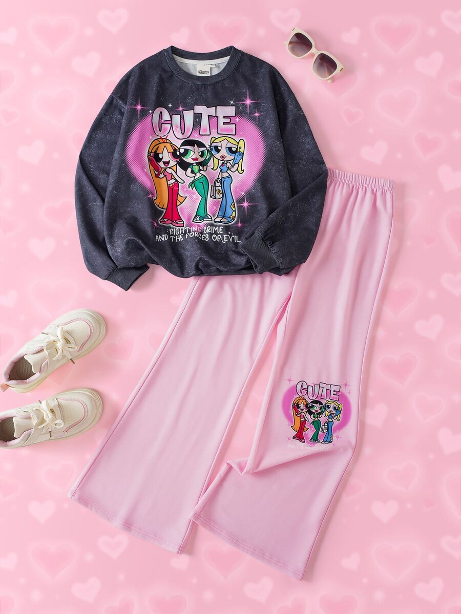THE POWERPUFF GIRLS X SHEIN Tween Girl Letter Cartoon Graphic Long Sleeve Sweatshirt And Sweatpants Casual Everyday Set - Multicolor - View 1
