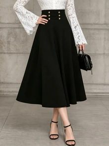 Velvienne Plus Size Women's Autumn/Winter Elegant Vintage Black Waist-Cinching A-Line Chinese Style Frog Button Decor Slimming Versatile Mid-Length Skirt - Black - View 5