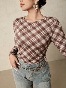 Freevana 大尺碼女款長袖圓領格紋印花內搭衫，腰部抓皺收腹T恤，休閒時尚寬鬆秋季上衣，修身冬季上衣 - 彩色 - 查看 6