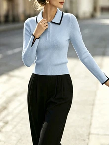 SHEIN 女款拼色 Polo 領長袖休閒百搭針織衫 - 淺藍色 - 查看 3