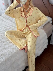 SHEIN 甜美條紋韓系小格紋櫻桃印花女款長袖長褲睡衣家居服 - 黃色 - 查看 3