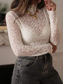 DAZY Women's Sweet & Sexy Sheer Lace Long Sleeve Top - White - View 3
