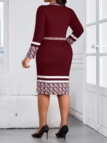 SHEIN Lady Plus Size Elegant Geometric Print Long Sleeve Autumn Dress - Burgundy - View 2