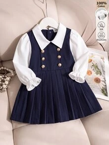 Souflis 1件女嬰秋冬深藍色領口長袖百褶洋裝，復古學院風優雅2合1拼接設計，金色鈕扣裝飾，收腰短洋裝，棉混紡面料，適合春秋日常穿著、旅行、度假、派對及多種場合 - 彩色 - 查看 4