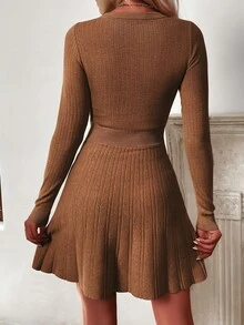 SHEIN 女款純色圓領長袖休閒針織洋裝，秋季 - 鏽棕色 - 查看 2
