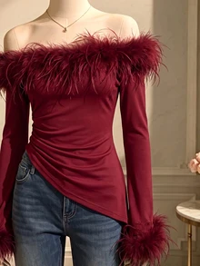 GlowEve Fashionable New Autumn/Winter Elegant Off-Shoulder Long Sleeve Fur Patchwork Women's T-Shirt - Burgundy - View 5