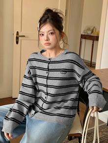 Dazy Plus Contrast Stripe Loose Long Sleeve Open Front Letter Patch Casual Elegant Streetwear Vacation Fall Knit Cardigan Homewear Grey - Grey - View 4