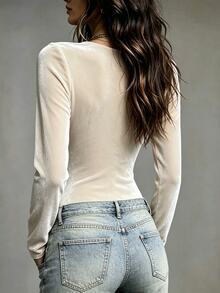 Silhoulove Women's Solid Color V-Neck Front Tie Long Sleeve Fashion Bodysuit - Apricot - View 2