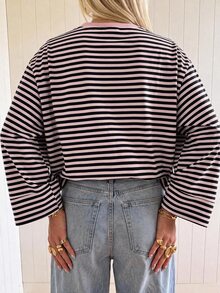 SHEIN EZwear 海外長袖草莓深巧克力條紋上衣，秋季襯衫，適合日常通勤、聚會、秋冬/夏季、聖誕節、新年、感恩節、派對、婚禮、海灘、畢業典禮、優雅、外出、約會、通勤、情人節、優雅、度假、Y2K、畢業典禮等場合 - 彩色 - 查看 2