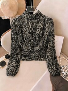SHEIN Clasi 女款豹紋高領長袖收腰時尚襯衫 - 灰色 - 查看 4