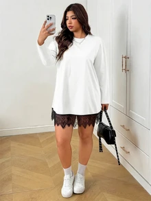 SHEIN EZwear 秋冬白色大尺碼女款休閒洋裝，蕾絲下擺拼接設計 - 白色 - 查看 4