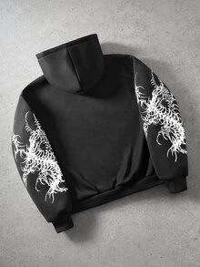 ROMWE MEN Street Life Men's Letter Print Zip-Up Casual Daily Hoodie - Black - View 2
