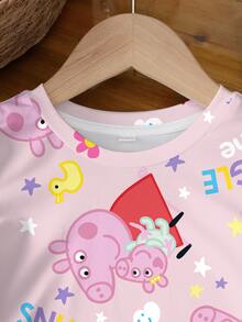 Peppa Pig X SHEIN Baby Girl Letter Cartoon Print Round Neck Short Sleeve Casual T-Shirt - White - View 3